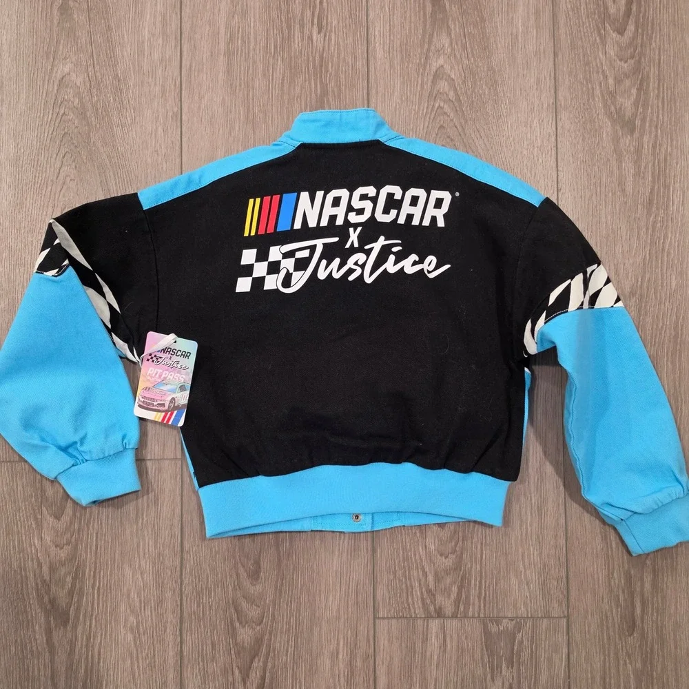 Justice x NASCAR Girls Racing Jacket Black Blue Snap Front Bomber Size S 7-8 NEW